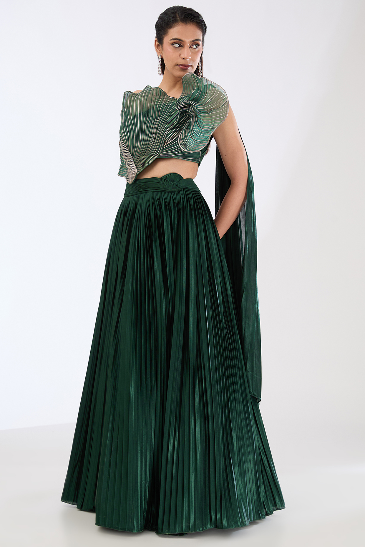 Emerald Green Interlock Jersey Draped Bridal Lehenga Set by Amit Aggarwal at Pernia's Pop Up Shop