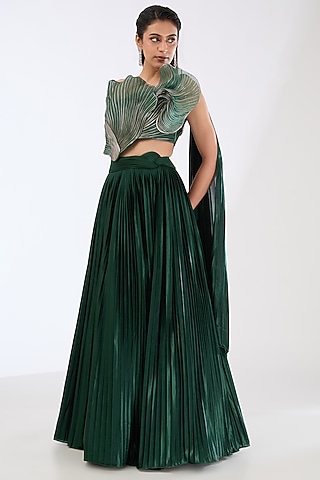 Emerald Green Interlock Jersey Draped Lehenga Set by Amit Aggarwal