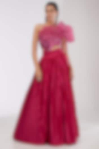 Fuchsia Crepe Chiffon & Metallic Polymer Bridal Lehenga Set by Amit Aggarwal at Pernia's Pop Up Shop