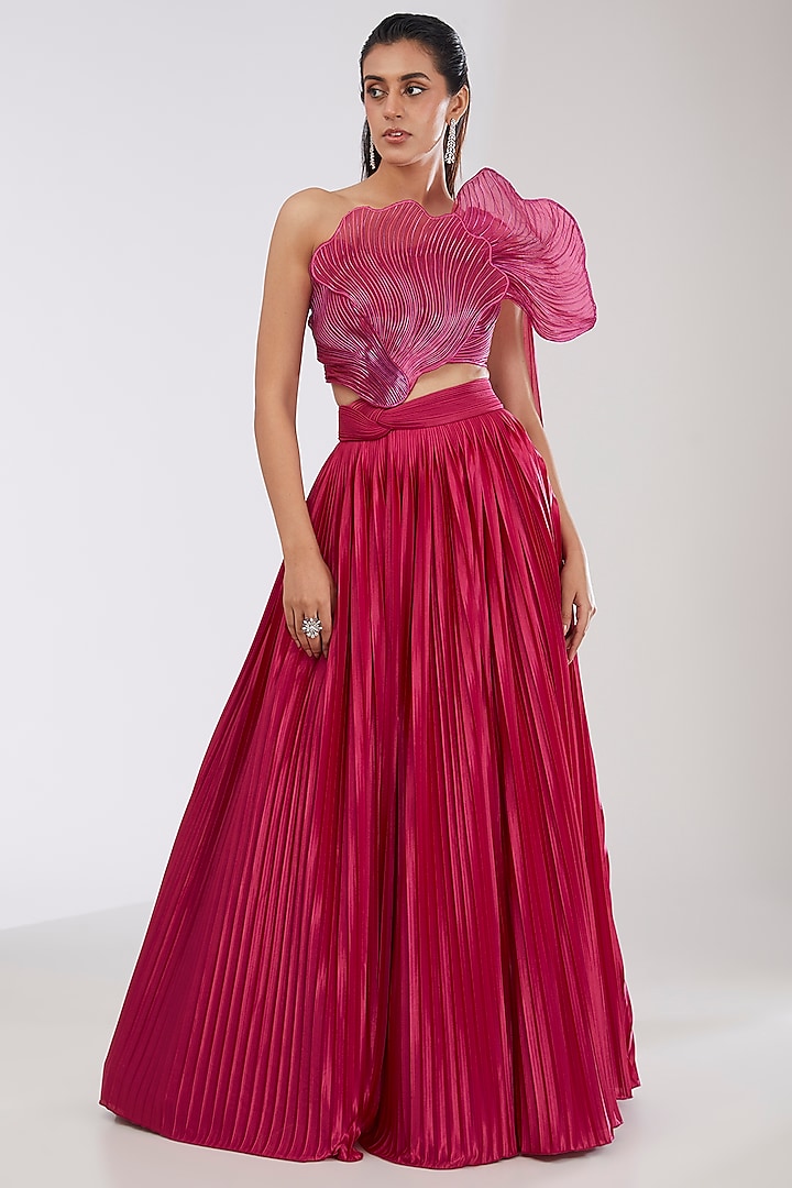 Fuchsia Crepe Chiffon & Metallic Polymer Bridal Lehenga Set by Amit Aggarwal at Pernia's Pop Up Shop