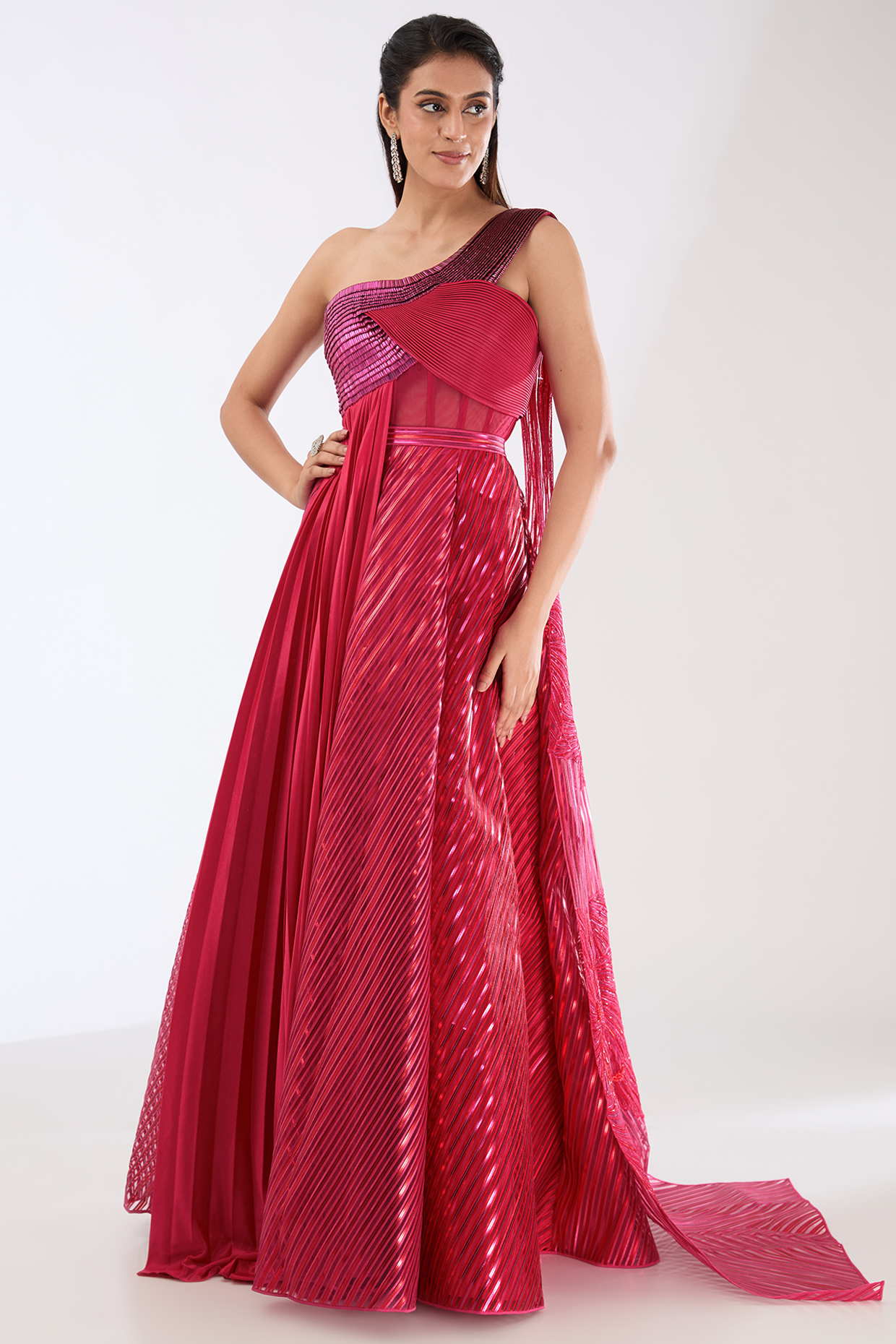 Fuchsia Metallic Striped Draped Bridal Lehenga Set by Amit Aggarwal at Pernia's Pop Up Shop