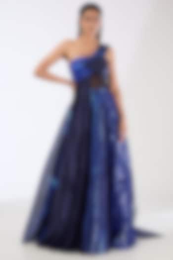 Ink Blue Metallic Striped Draped Bridal lehenga for 22 Lehenga Set by Amit Aggarwal at Pernia's Pop Up Shop