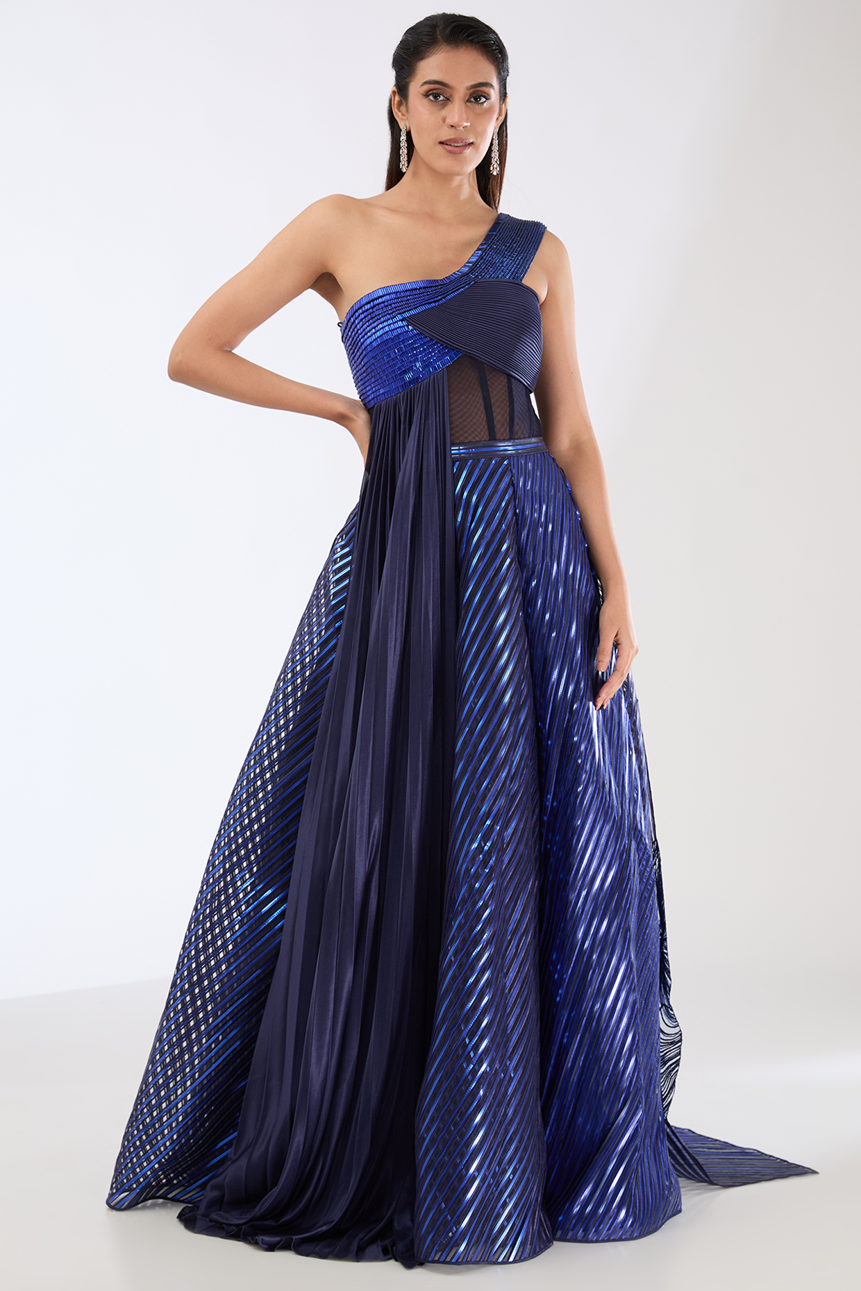 Ink Blue Metallic Striped Draped Bridal lehenga for 22 Lehenga Set by Amit Aggarwal at Pernia's Pop Up Shop