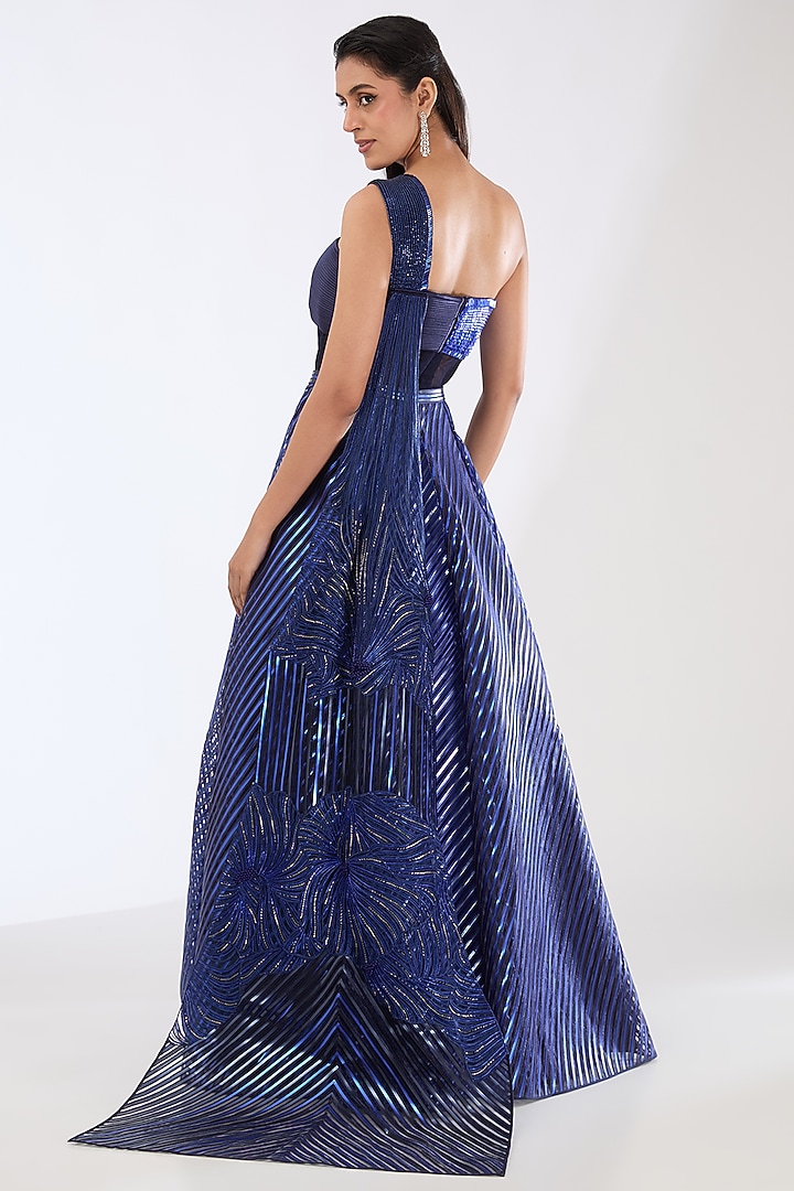 Ink Blue Metallic Striped Draped Bridal Lehenga Set by Amit Aggarwal at Pernia's Pop Up Shop