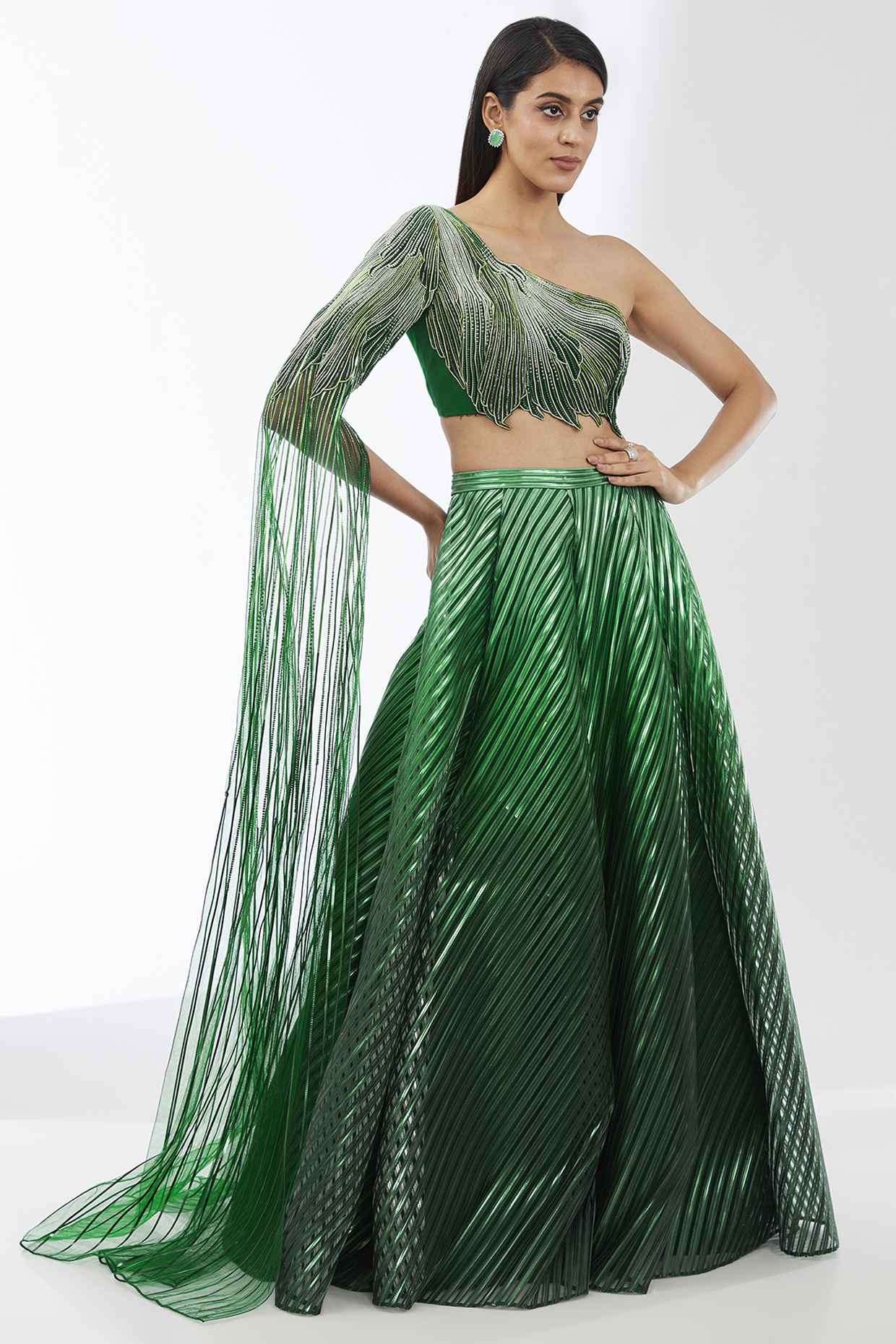 Emerald Metallic Stripe Bridal Lehenga Set by Amit Aggarwal at Pernia's Pop Up Shop