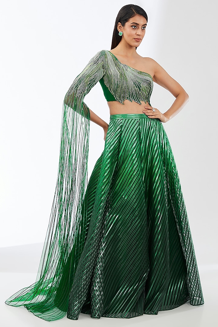 Emerald Metallic Stripe Bridal Lehenga Set by Amit Aggarwal at Pernia's Pop Up Shop