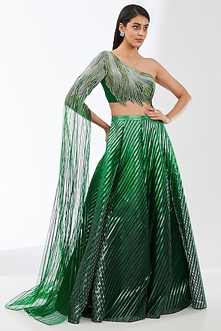 Emerald Metallic Stripe Lehenga Set by Amit Aggarwal