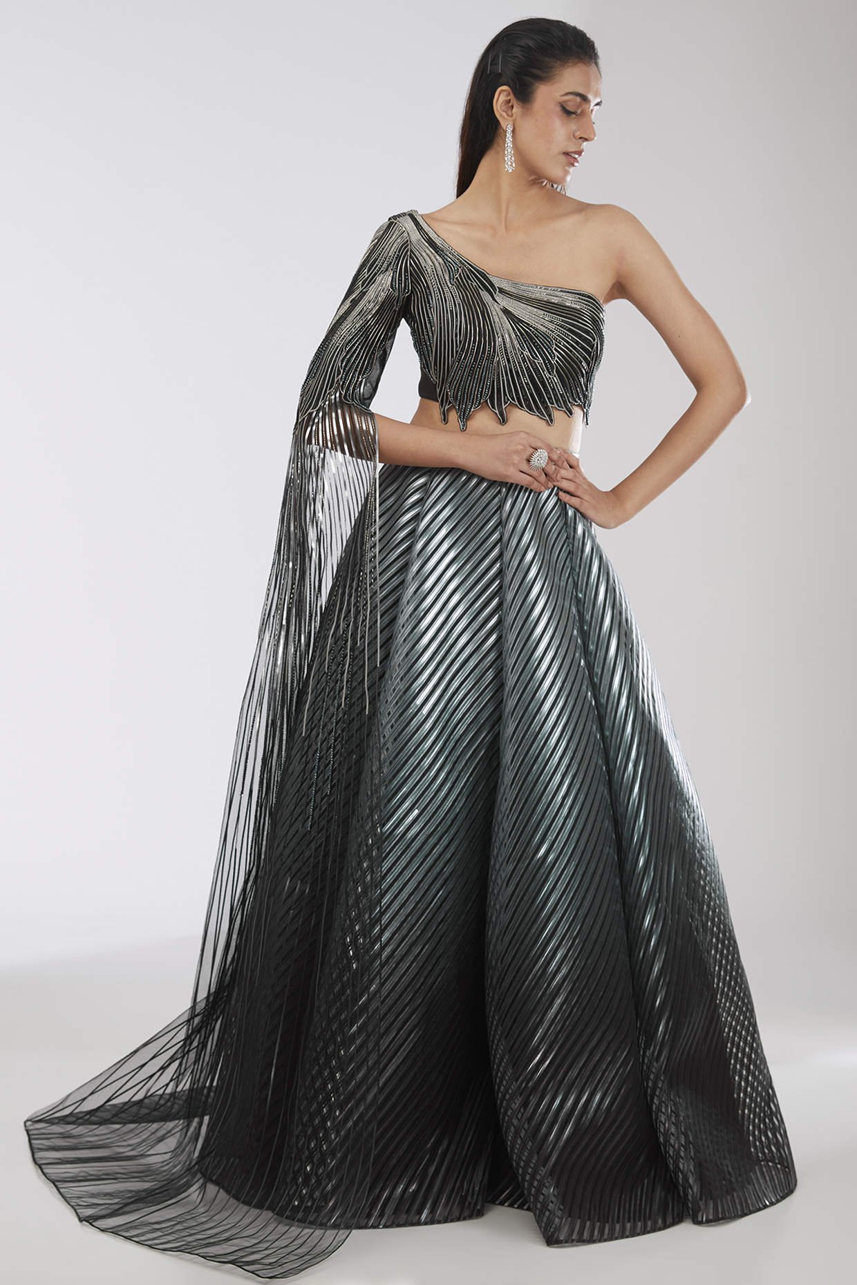 Black & Silver Crepe Chiffon Bridal lehenga for 22 Lehenga Set by Amit Aggarwal at Pernia's Pop Up Shop