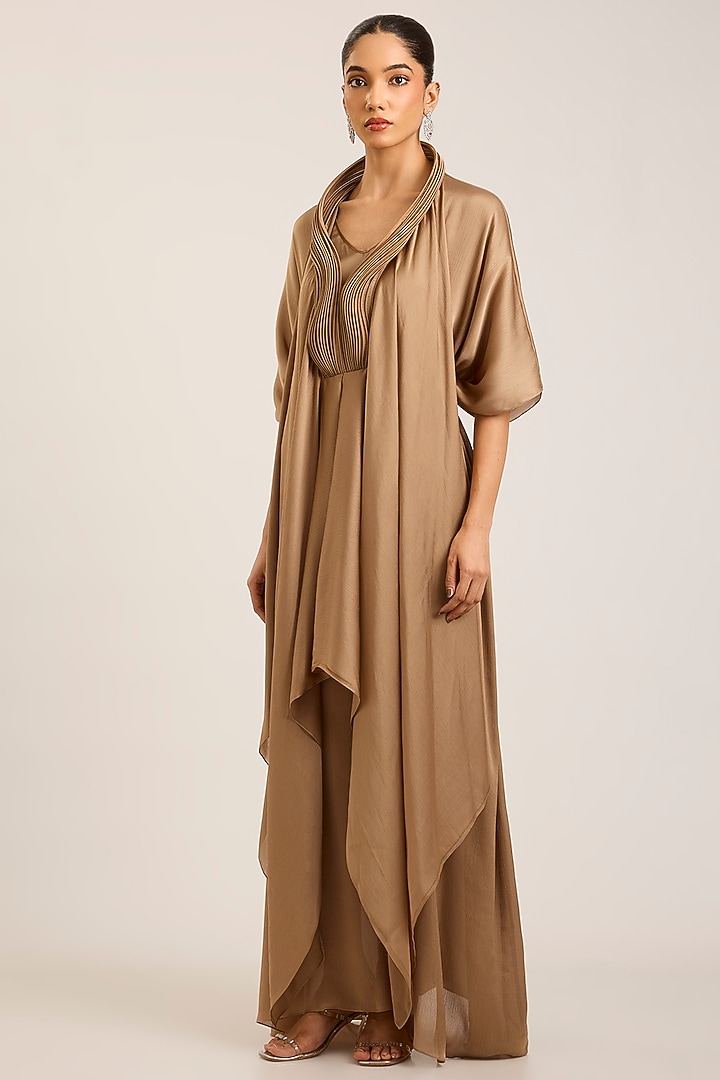 Gold Satin Chiffon Micro Pleated Cocktail Dress by Amit Aggarwal at Pernia's Pop Up Shop