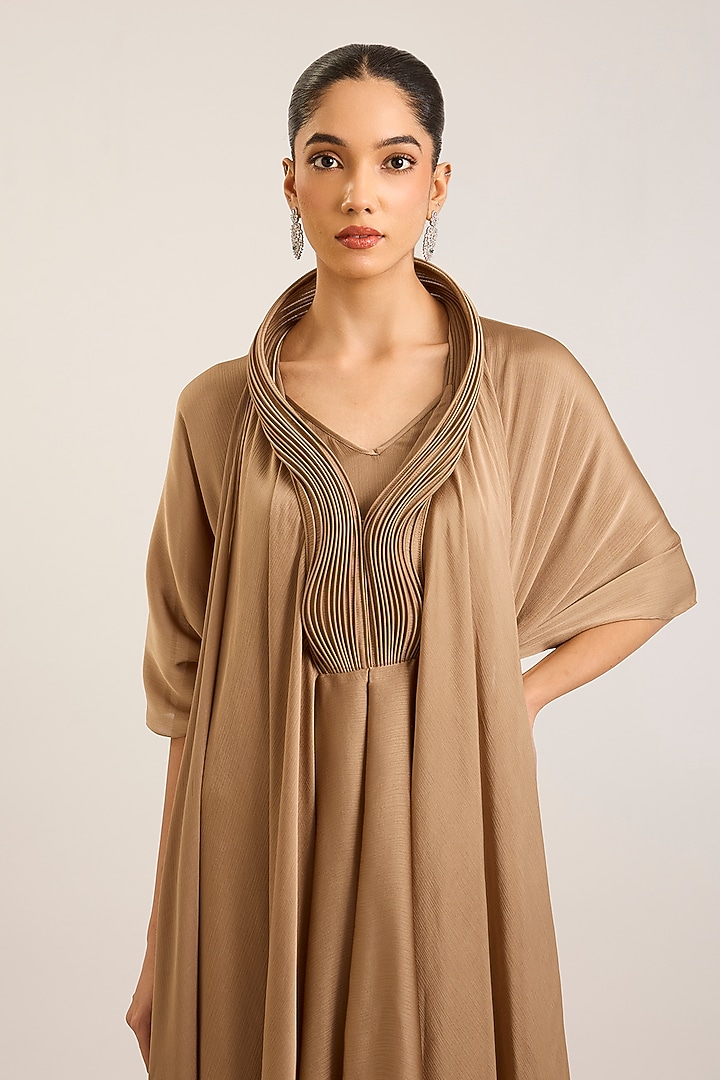 Gold Satin Chiffon Micro Pleated Cocktail Dress by Amit Aggarwal at Pernia's Pop Up Shop