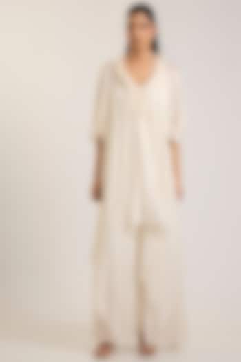 Pearl White Satin Chiffon Kaftan Dress by Amit Aggarwal at Pernia's Pop Up Shop