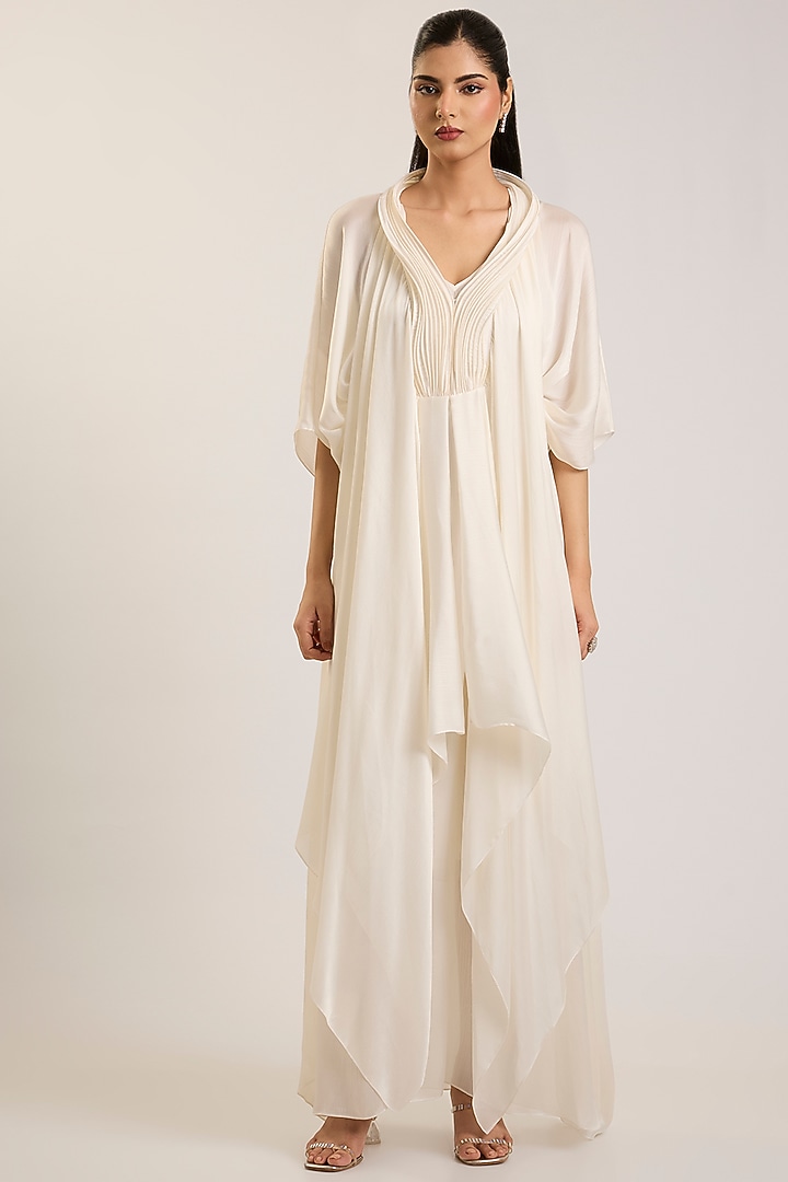 Pearl White Satin Chiffon Kaftan Dress by Amit Aggarwal at Pernia's Pop Up Shop