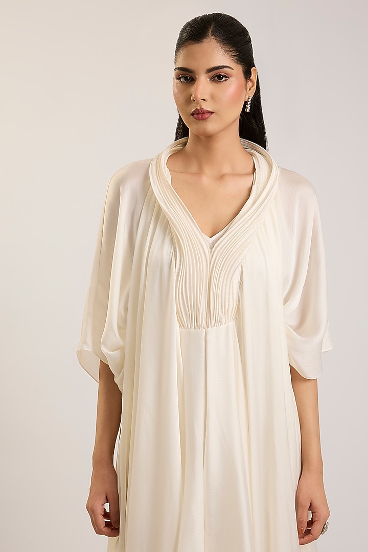 Pearl White Satin Chiffon Kaftan Dress by Amit Aggarwal at Pernia's Pop Up Shop