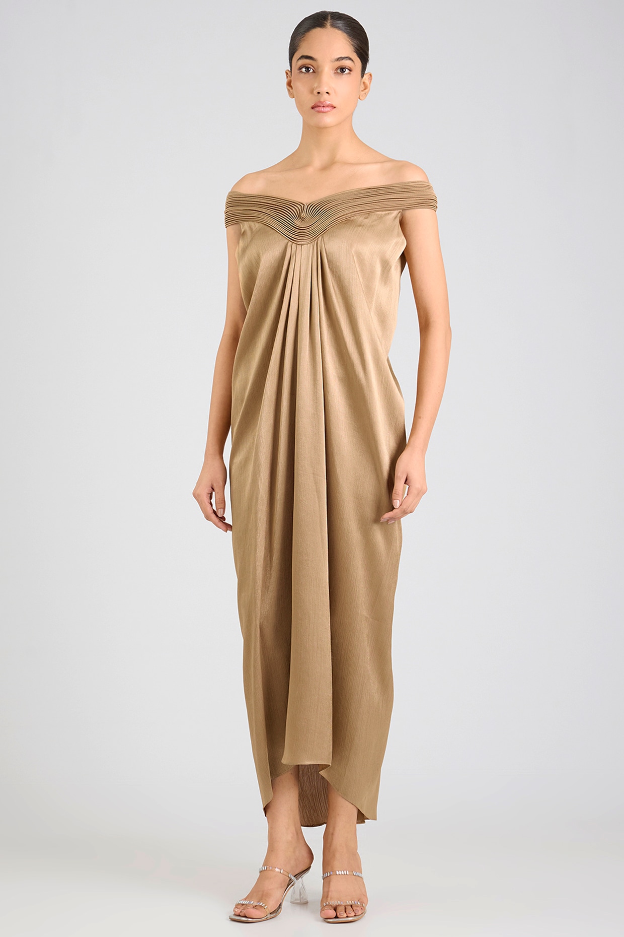 Amit Aggarwal Gold Satin Chiffon Dress