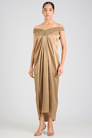 Gold Satin Chiffon Dress by Amit Aggarwal
