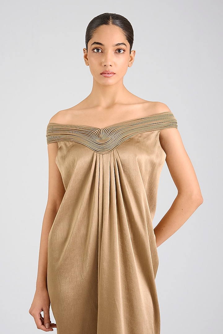 Gold Satin Chiffon Cocktail Dress by Amit Aggarwal at Pernia's Pop Up Shop