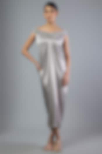Steel Grey Satin Chiffon Maxi Cocktail Dress by Amit Aggarwal at Pernia's Pop Up Shop