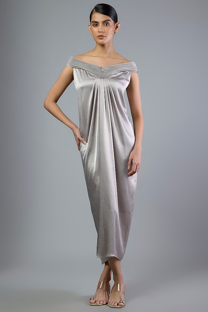 Steel Grey Satin Chiffon Maxi Cocktail Dress by Amit Aggarwal at Pernia's Pop Up Shop