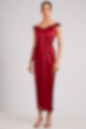Red Satin Chiffon Midi Cocktail Dress by Amit Aggarwal at Pernia's Pop Up Shop