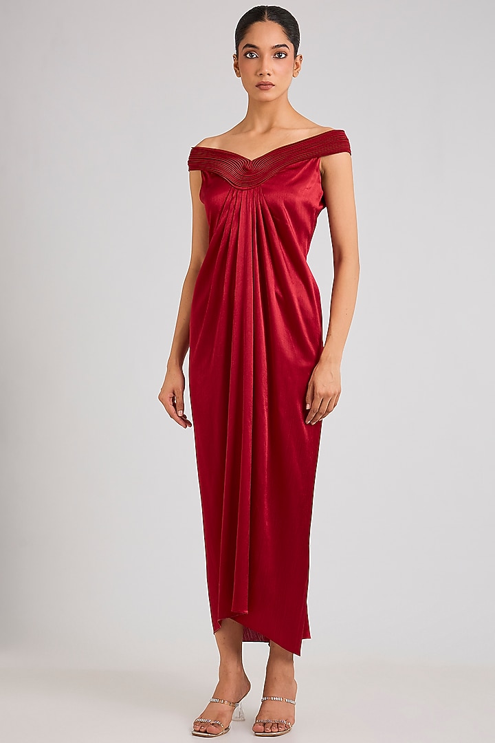 Red Satin Chiffon Midi Cocktail Dress by Amit Aggarwal at Pernia's Pop Up Shop
