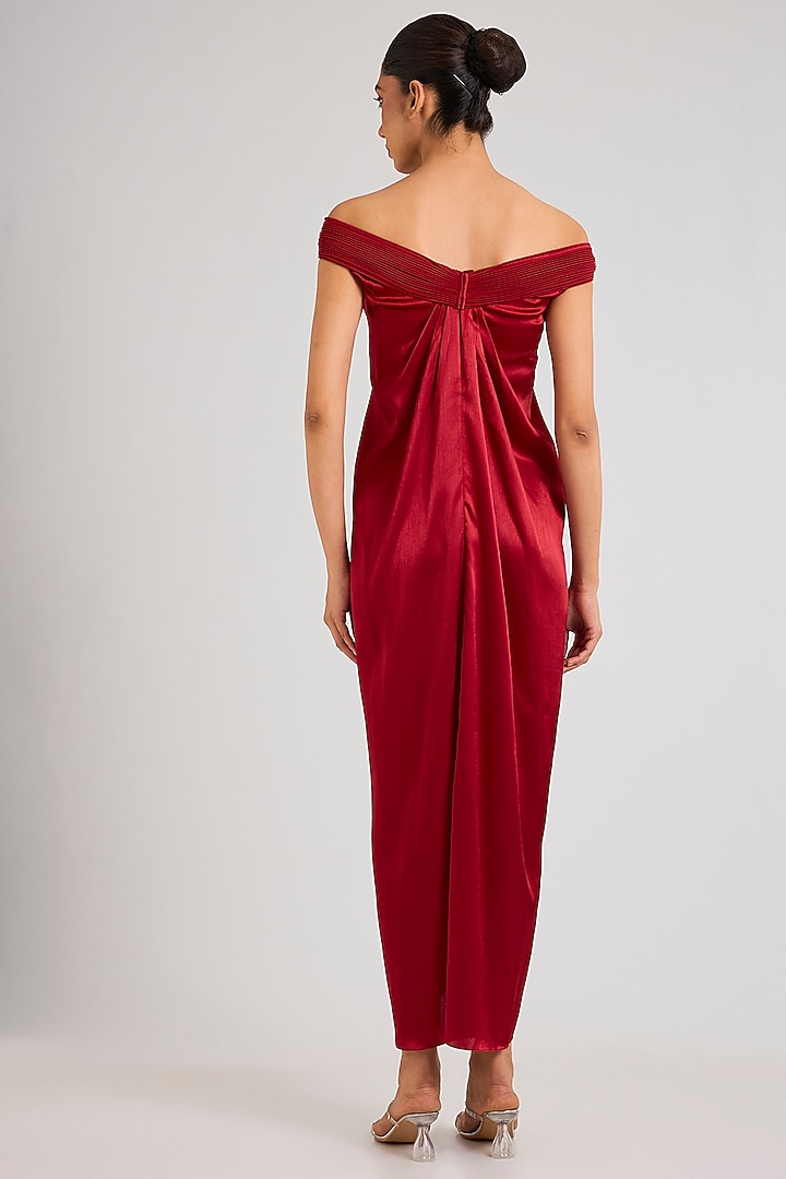 Red Satin Chiffon Off-Shoulder Cocktail Dress by Amit Aggarwal at Pernia's Pop Up Shop