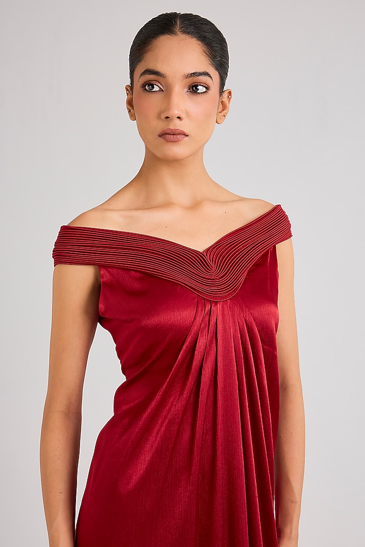 Red Satin Chiffon Off-Shoulder Cocktail Dress by Amit Aggarwal at Pernia's Pop Up Shop
