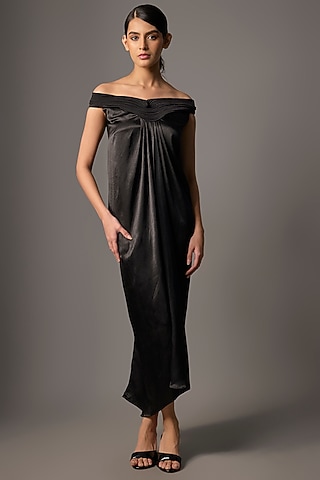 Black Satin Chiffon Off-Shoulder Dress by Amit Aggarwal