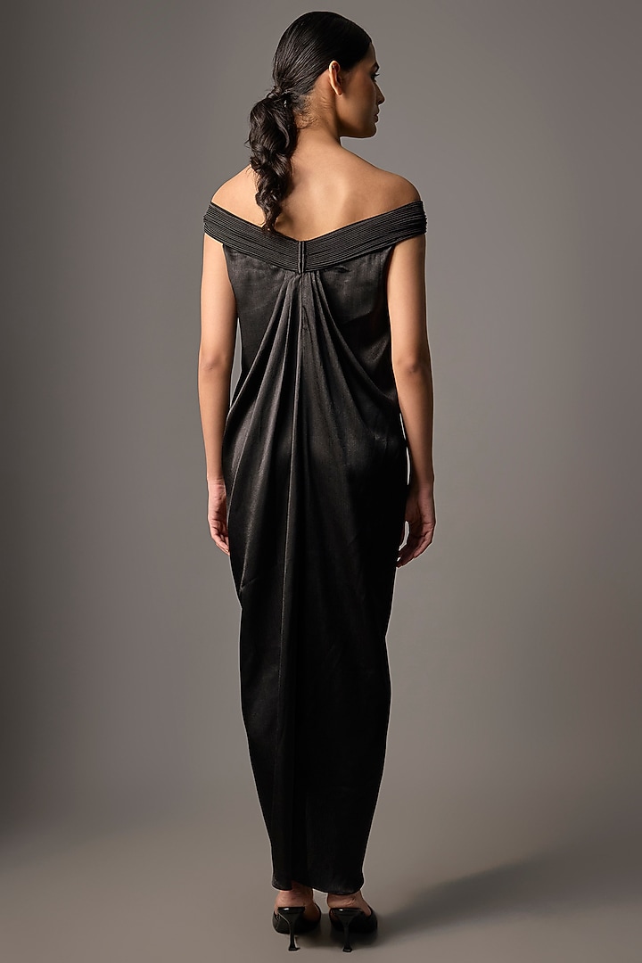 Black Satin Chiffon Off-Shoulder Cocktail Dress by Amit Aggarwal at Pernia's Pop Up Shop