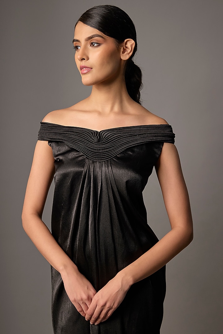 Black Satin Chiffon Off-Shoulder Cocktail Dress by Amit Aggarwal at Pernia's Pop Up Shop