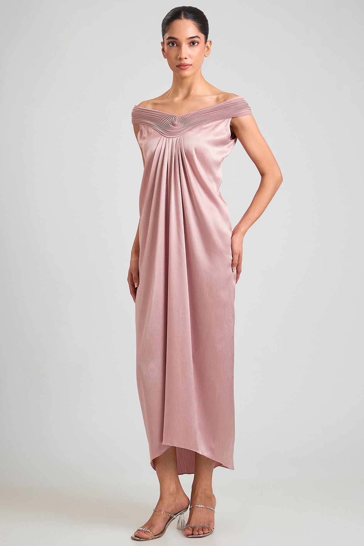 Amit Aggarwal Blush Satin Chiffon Off-Shoulder Dress