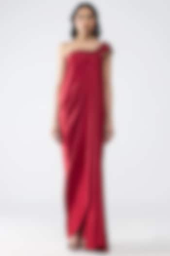 Deep Red Satin Chiffon Maxi Cocktail Dress by Amit Aggarwal at Pernia's Pop Up Shop