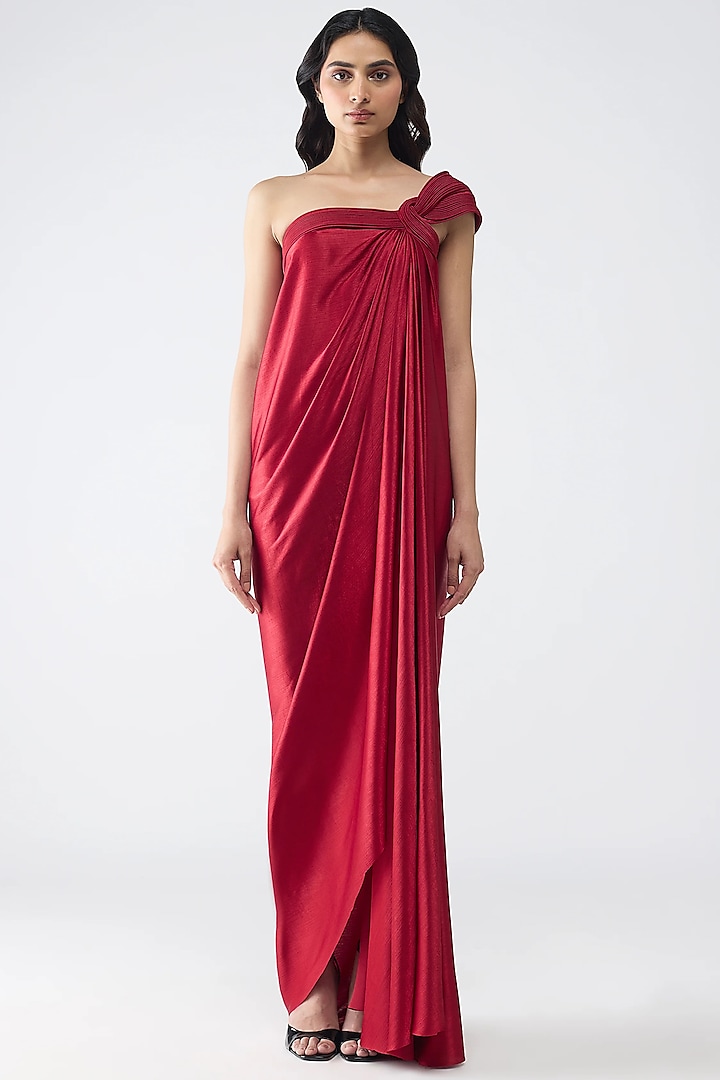 Deep Red Satin Chiffon Maxi Cocktail Dress by Amit Aggarwal at Pernia's Pop Up Shop