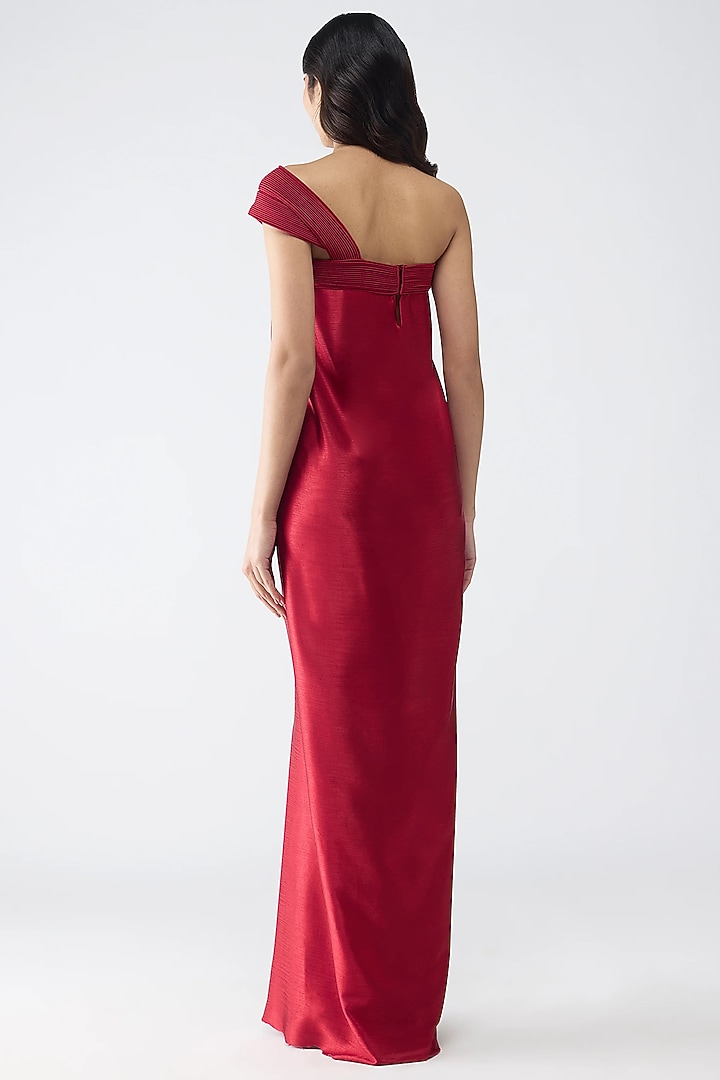 Deep Red Satin Chiffon Maxi Cocktail Dress by Amit Aggarwal at Pernia's Pop Up Shop