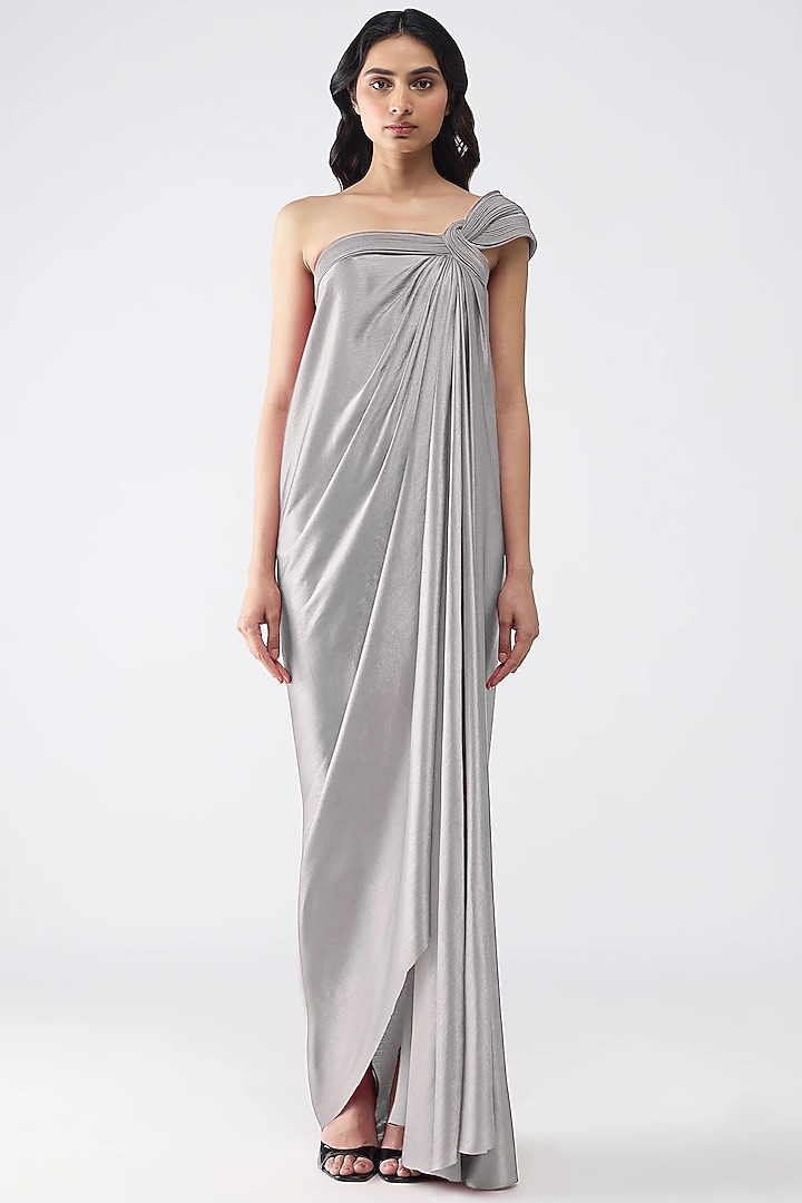 Steel Grey Satin Chiffon Maxi Cocktail Dress by Amit Aggarwal at Pernia's Pop Up Shop