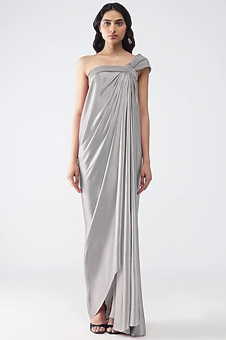 Steel Grey Satin Chiffon Maxi Dress by Amit Aggarwal