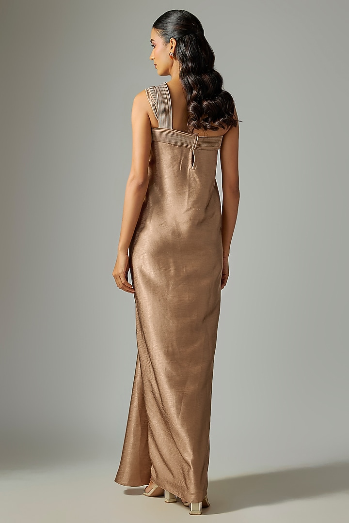Gold Satin Chiffon Corded Maxi Cocktail Dress by Amit Aggarwal at Pernia's Pop Up Shop