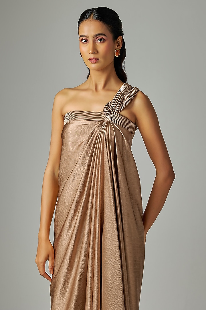 Gold Satin Chiffon Corded Maxi Cocktail Dress by Amit Aggarwal at Pernia's Pop Up Shop