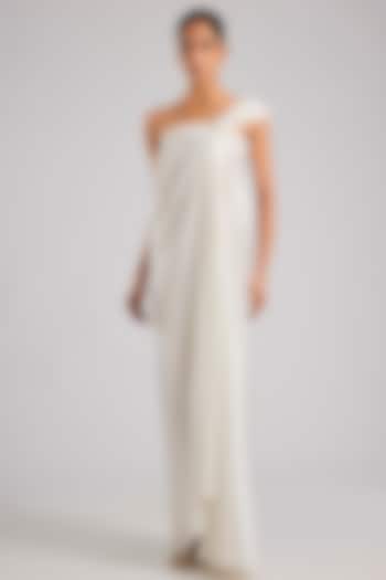 Pearl White Satin Chiffon One-Shoulder Maxi Cocktail Dress by Amit Aggarwal at Pernia's Pop Up Shop