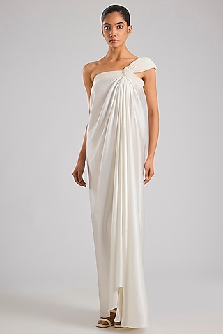 Pearl White Satin Chiffon One-Shoulder Maxi Dress by Amit Aggarwal