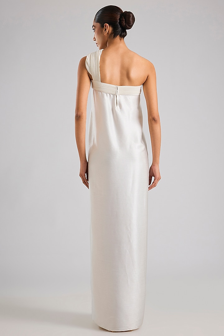 Pearl White Satin Chiffon One-Shoulder Maxi Cocktail Dress by Amit Aggarwal at Pernia's Pop Up Shop
