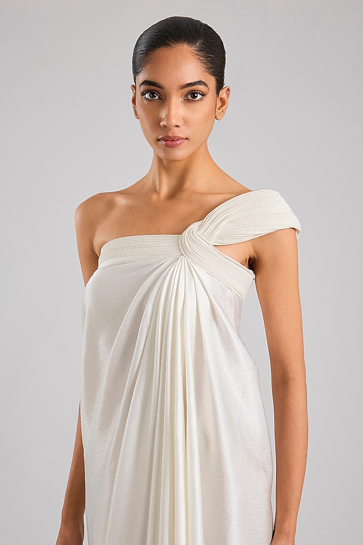 Pearl White Satin Chiffon One-Shoulder Maxi Cocktail Dress by Amit Aggarwal at Pernia's Pop Up Shop