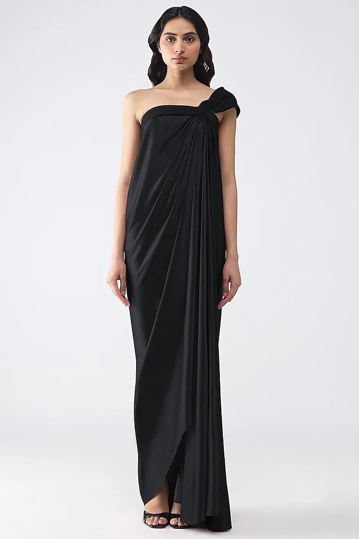 Black Satin Chiffon Maxi Cocktail Dress by Amit Aggarwal at Pernia's Pop Up Shop