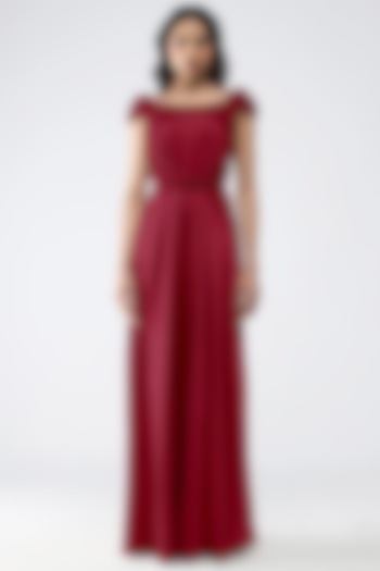 Deep Red Polyester Engagement Gown by Amit Aggarwal at Pernia's Pop Up Shop
