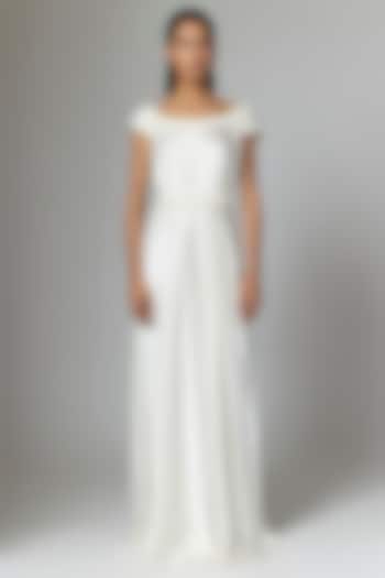Pearl White Satin Chiffon Jumpsuit by Amit Aggarwal at Pernia's Pop Up Shop