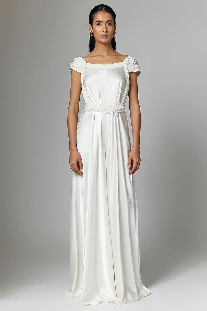 Pearl White Satin Chiffon Jumpsuit by Amit Aggarwal at Pernia's Pop Up Shop