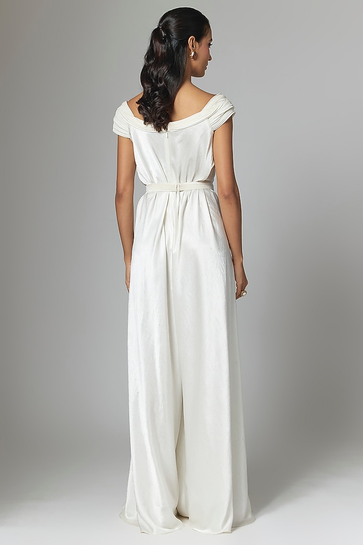 Pearl White Satin Chiffon Jumpsuit by Amit Aggarwal at Pernia's Pop Up Shop