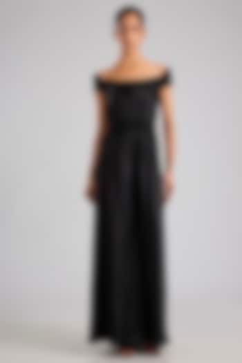 Black Satin Chiffon Micro-Pleated Jumpsuit by Amit Aggarwal at Pernia's Pop Up Shop