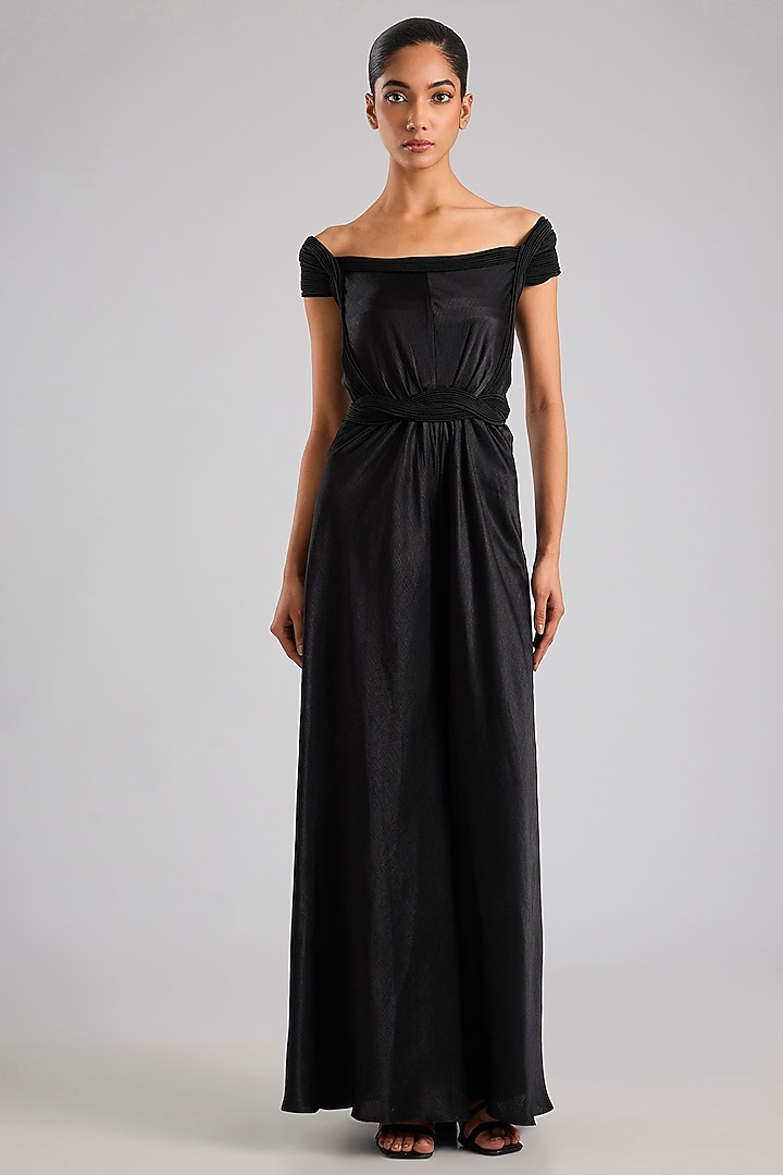 Black Satin Chiffon Micro-Pleated Jumpsuit by Amit Aggarwal at Pernia's Pop Up Shop