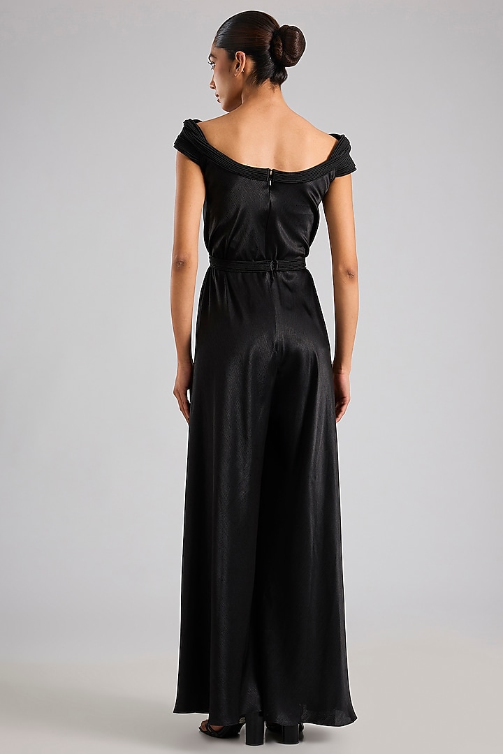 Black Satin Chiffon Micro-Pleated Jumpsuit by Amit Aggarwal at Pernia's Pop Up Shop