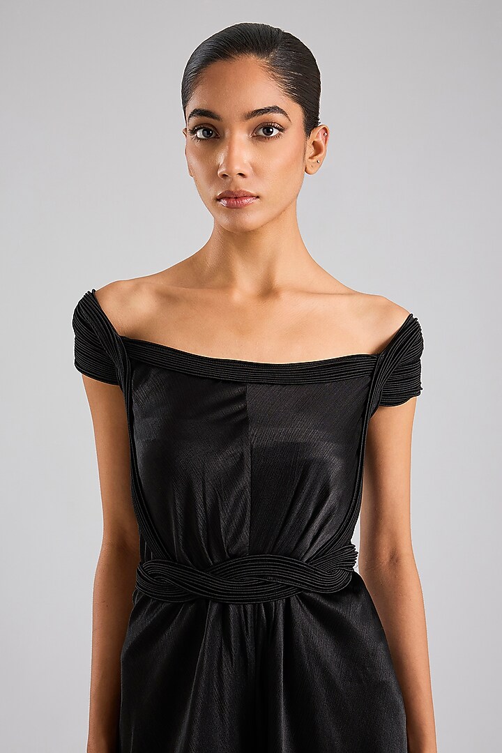 Black Satin Chiffon Micro-Pleated Jumpsuit by Amit Aggarwal at Pernia's Pop Up Shop